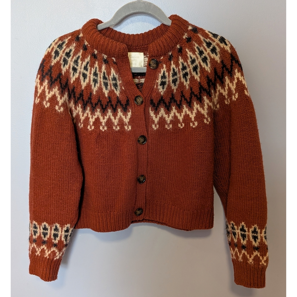 Doen Rust Brown Fair Isle Wool Cardigan